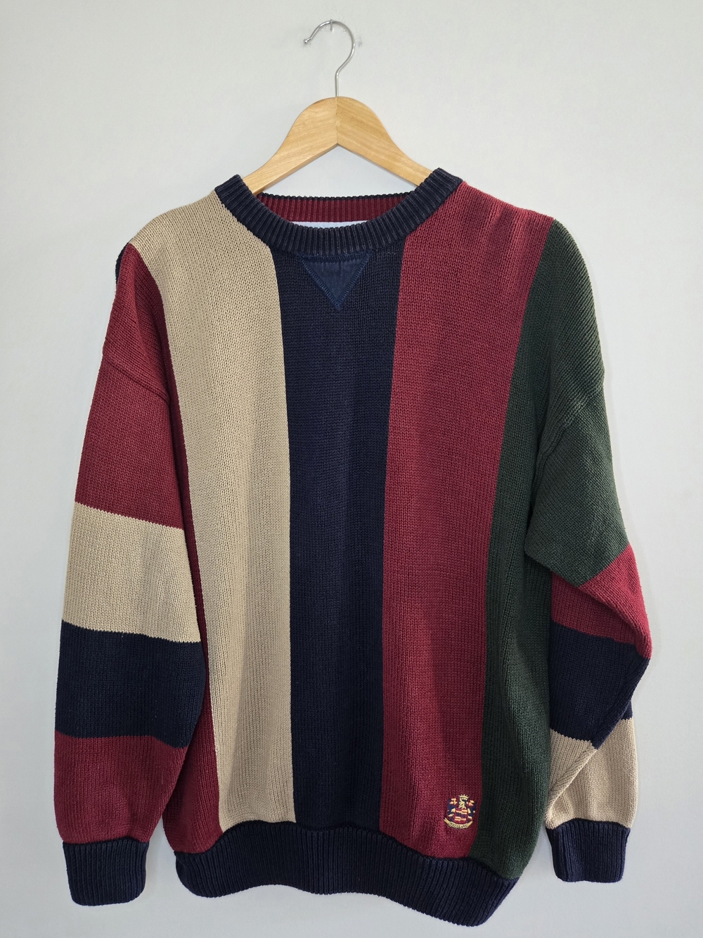 Woods & Gray vintage striped crewneck sweater in burgundy, navy, green + tan